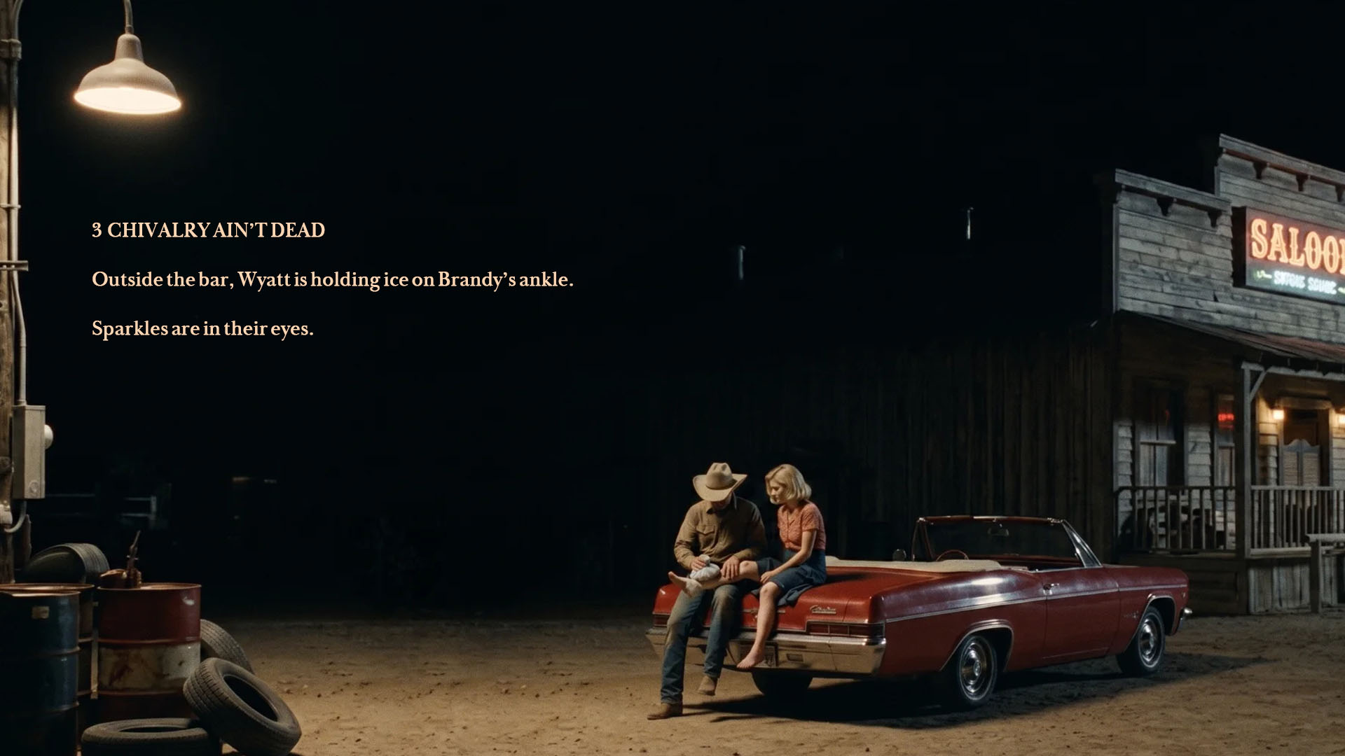 A man in a cowboy hat and a woman sitting on a red convertible outside a saloon at night.