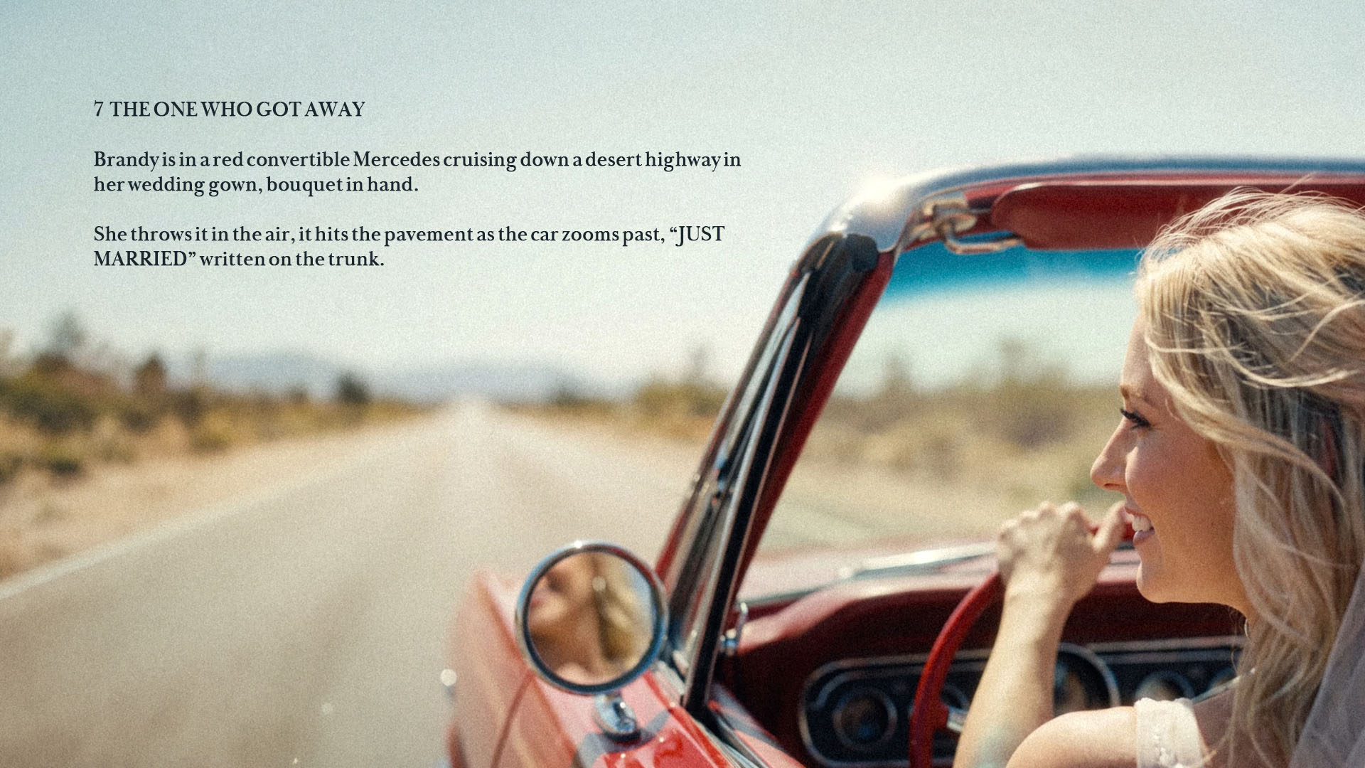 A woman in a wedding dress driving a red convertible down a desert highway.