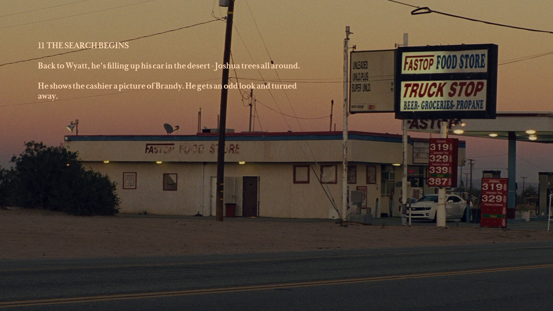 A desert gas station at dusk with a FASTOP FOOD STORE sign.