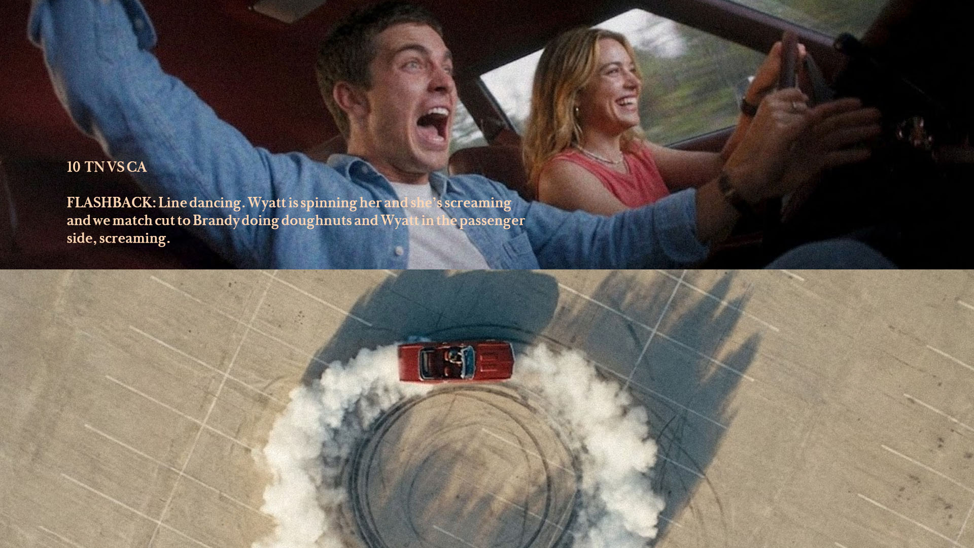 A red car doing doughnuts in an empty parking lot, smoke in a circle.